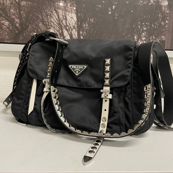 Prada Black and White Nylon & Leather Handbag w Studs Invoice included - Picture 10 of 10